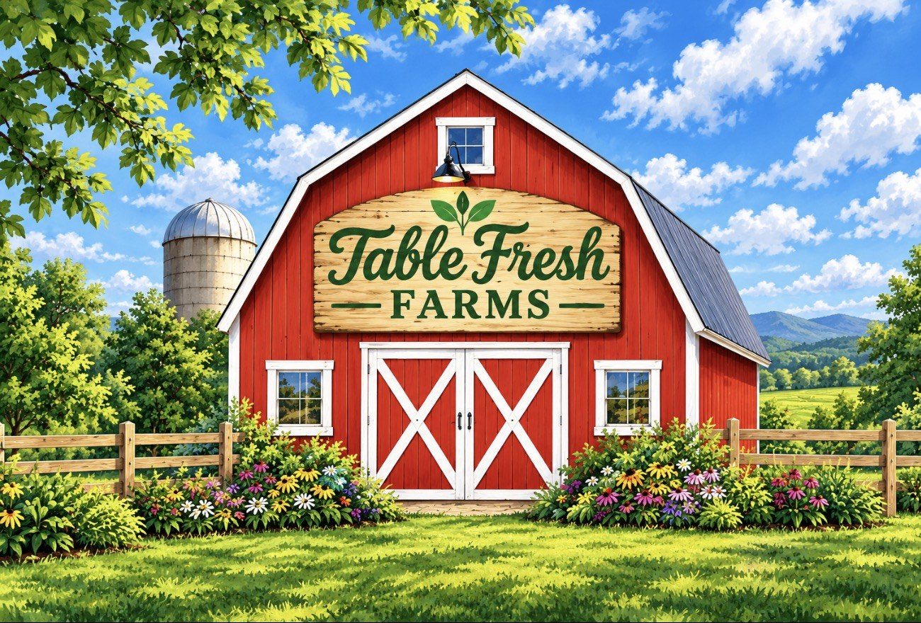 Red barn with the Table Fresh Farms sign, wildflowers and a wooden fence under a blue sky